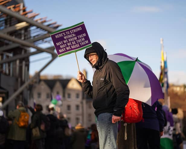 Protesters outside the Scottish Parliament during a No to Self-ID protest (Photo by Peter Summers/Getty Images)
