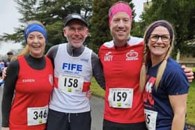 Fife AC runners Karen Richards (left), Paul Harkins, Andy Harley and Michelle Johnstone all ran in the Devilla 15km trail race at Tulliallan Police College,hosted by Carnegie Harriers