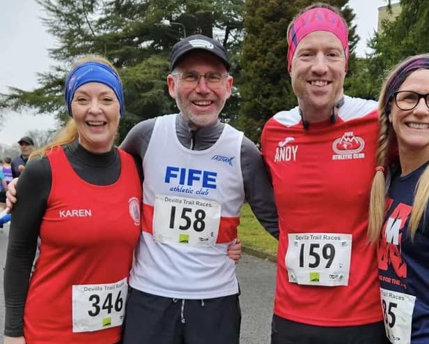 Fife AC runners Karen Richards (left), Paul Harkins, Andy Harley and Michelle Johnstone all ran in the Devilla 15km trail race at Tulliallan Police College,hosted by Carnegie Harriers
