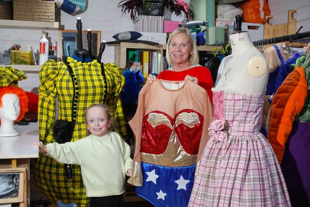 Costume designer Lynn Buys in her workshop with her granddaughter. Lynn is creating costumes for panto "Ya Wee Sleeping Beauty" to be performed at Kings Live Lounge Kirkcaldy. Pic: Scott Louden.
