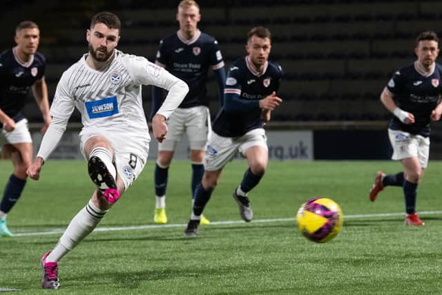 Ayr United's Ben Dempsey taking a 50th-minute penalty against Raith Rovers at Stark's Park in Kirkcaldy on Friday (Photo by Ross Parker/SNS Group)