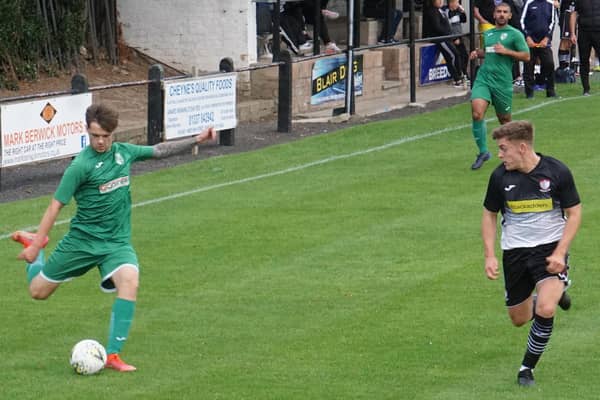 Jamie McNeish about to deliver a cross for Thornton Hibs against Newburgh Juniors on Tuesday night (Photo: John Laing)