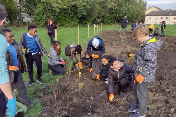 Young school children help plant trees as part of Wee Forests project (Photo: Scottish Government).