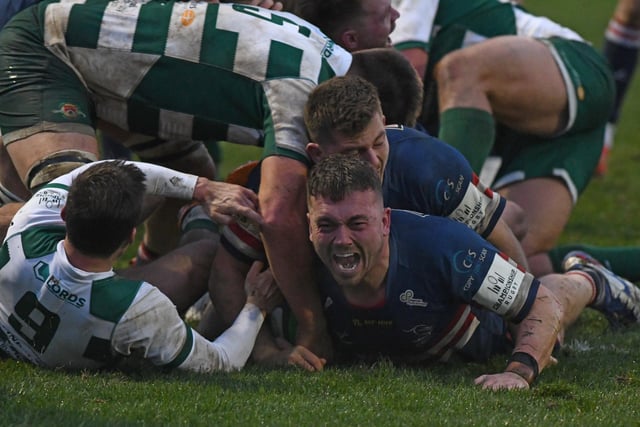George Edgson shows his delight after scoring Knights' second try.