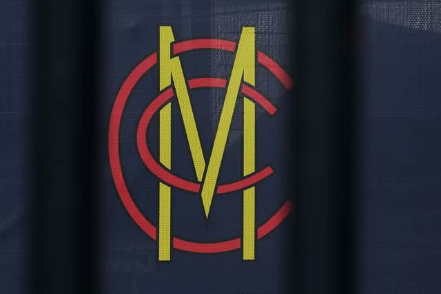 Marylebone Cricket Club's logo seen at Lord's Cricket Ground in London in 2020 (Photo by Alex Davidson/Getty Images)