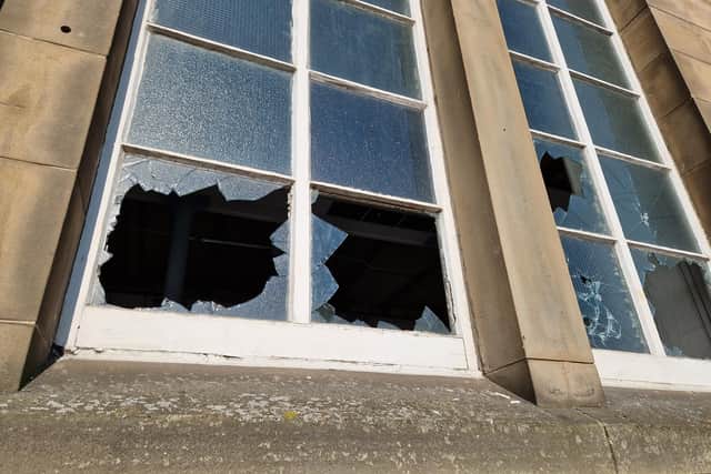 A number of ground floor windows at the Nairn campus have been smashed (Pic: Fife Free Press)