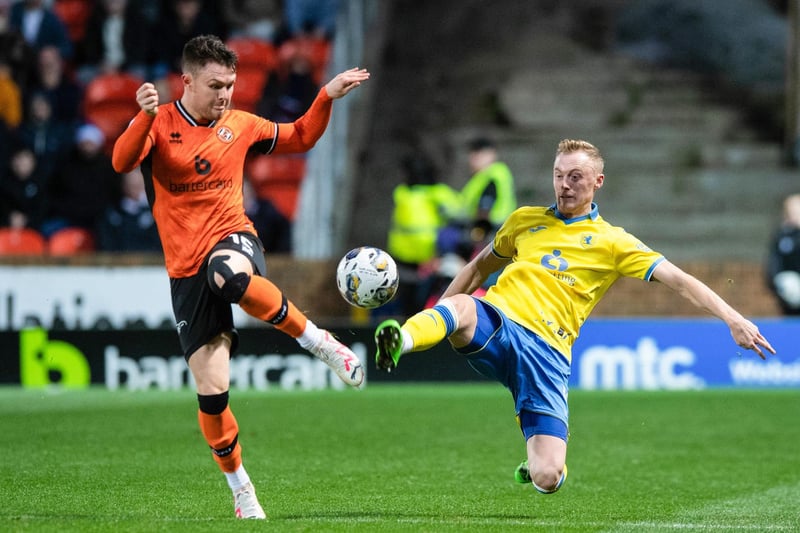 Raith Rovers defender Ross Millen slides in to divert the ball away from Dundee United's Glenn Middleton