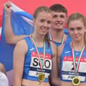Fife Athletic Club's Holly Ovens (front, 1st right) landed two golds when competing for Scotland in Cardiff on Saturday
