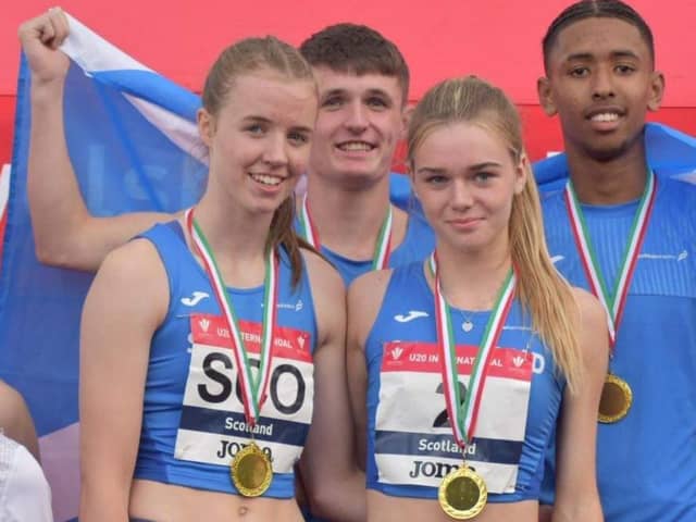 Fife Athletic Club's Holly Ovens (front, 1st right) landed two golds when competing for Scotland in Cardiff on Saturday