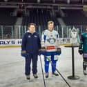 Captains and coaches with the Challenge Cup-  Todd Dutiaume and Jonas Emmerdahl for Flyers, and David Goodwin and Adam Keefe for Belfast Giants (Pic: Fife Free Press)