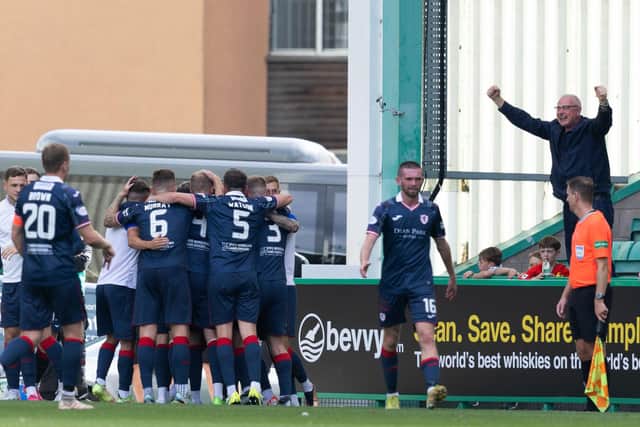 EDINBURGH, SCOTLAND - AUGUST 20: Raith Rovers players celebrates after Callum Smith makes it 1-1 during a Viaplay Cup Round of Sixteen match between Hibernian and Raith Rovers at Easter Road, on August 20, 2023, in Edinburgh, Scotland. (Photo by Ross Parker / SNS Group)