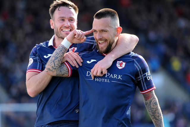 Dylan Easton being congratulated by Keith Watson after scoring during Raith Rovers' 2-1 home win against Ayr United at Kirkcaldy's Stark's Park on Saturday (Pic: Fife Photo Agency)
