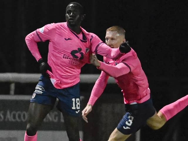 Raith Rovers loan striker William Akio celebrating scoring their equaliser against Queen's Park on Friday at Stenhousemuir's Ochilview Park (Photo by Rob Casey/SNS Group)