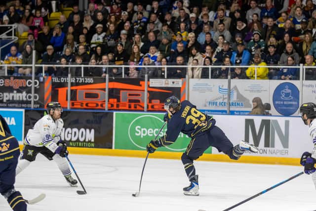 Cameron Hough fires a shot on goal in the game against Manchester Storm | Pic Jillian McFarlane