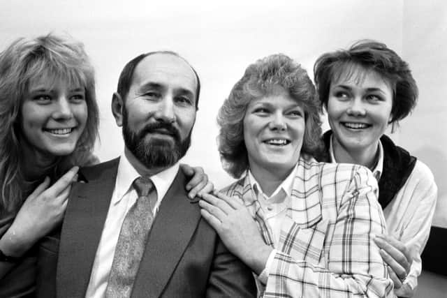Exiled Croatian leader Nikola Stedul with his wife and daughters at a press conference in May 1989 after the sentencing of his would-be assassin.