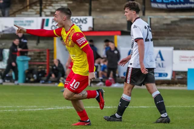 Albion Rovers ace Alex McCaw celebrates after breaking St Andrews United hearts by scoring what turned out to be winner (Pic Phil Dawson)
