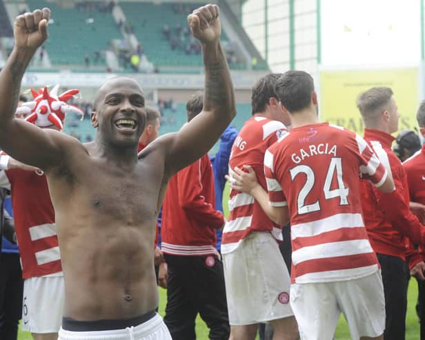 2014: Hamilton Accies 2-2 Hibernian, Accies win 4-3 on penalties. Amazing comeback sees scorer Jason Scotland (pictured) and Accies level tie with 2-0 win at Easter Road before shootout drama. (Pic Greg Macvean)