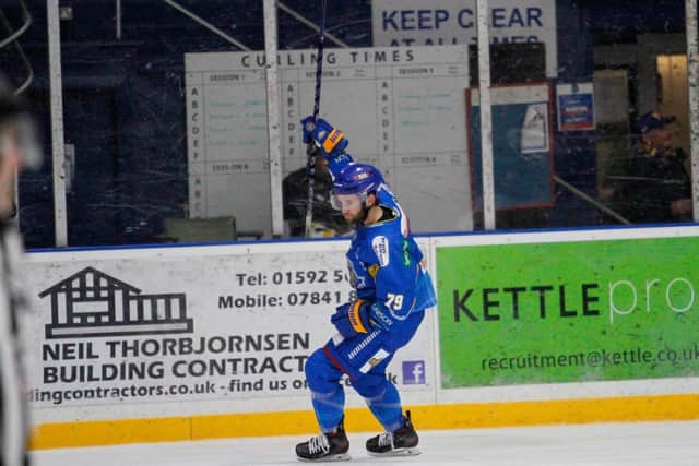 Chris Gerrie celebrates a goal on his home debut for Fife Flyers (Pic: Jillian McFarlane)