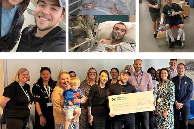 Josh Salmond, and his dad Jimmy on their recovery journey, plus a cheque presentation from the family to the renal unit (Pics: Supplied)