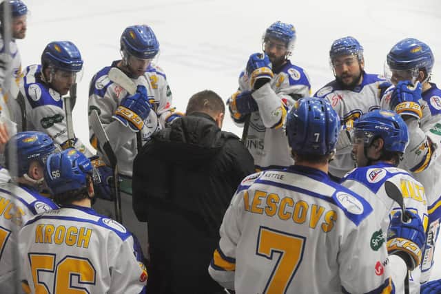Assistant coach Jeff Hutchins on the bench with the team on their last visit to Cardiff Devils (Pic: Dave Williams)