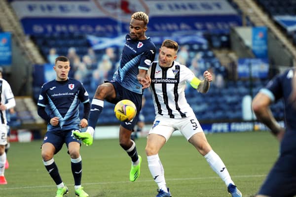 Raith's Manny Duku flicks the ball past Dunfermline's Euan Murray as the two sides met earlier this season (Pic: Fife Photo Agency)