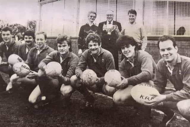 Then club president Methven (back, centre) with Kirkcaldy sevens team in 1987