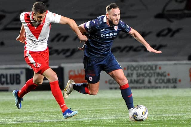Centre-half Keith Watson and goal-scorer Nikolay Todorov in action during Raith Rovers' 1-0 SPFL Trust Trophy semi-final defeat at home to Airdrieonians on Friday (Pic: Fife Photo Agency)