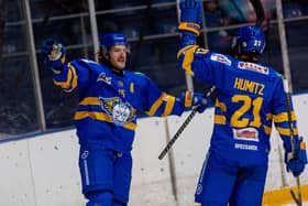 Collin Shirley and Max Humitz celebrate a Fife Flyers goal (Pic: Derek Young)