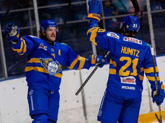 Collin Shirley and Max Humitz celebrate a Fife Flyers goal (Pic: Derek Young)