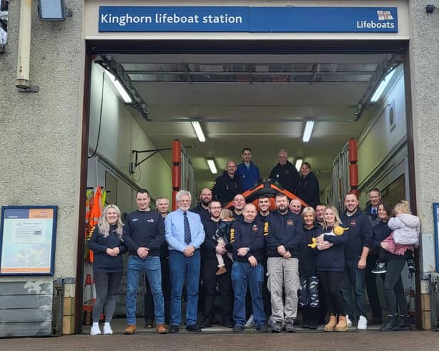 Volunteers, family and friends came together for a recent presentation of long service medals to four RNLI Kinghorn volunteers.  (Pic: Kinghorn RNLI)