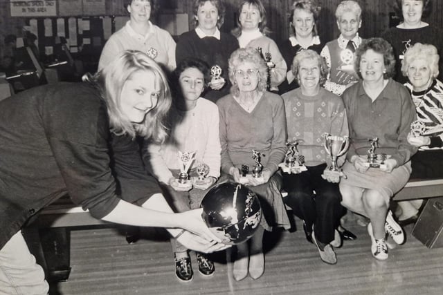 Coffee league bowlers  at the Fraser Bowl, Glenrothes, in 1988. Pictured is competition winner June Garland who won the Hi Game and Hi Series.