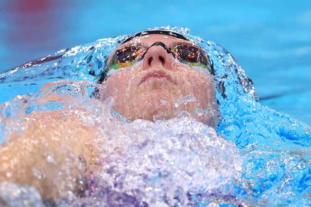 LONDON, ENGLAND - APRIL 03: Kathleen Dawson of Uni of Stirling competes in the Women's 100m Backstroke Heat 6 during day two of the British Swimming Championships 2024 on April 03, 2024 in London, England. (Photo by Richard Pelham/Getty Images)