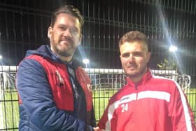 Brad Ness, pictured here with manager Chris Macpherson, has again committed his future to the Canniepairt club