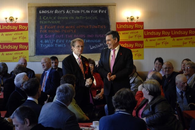 Prime Minister Gordon Brown accompanied the Labour Party candidate Lindsay Roy as they meet voters at Bowhill War Memorial Club in Cardenden, prior to the 2008 Glenrothes by-election