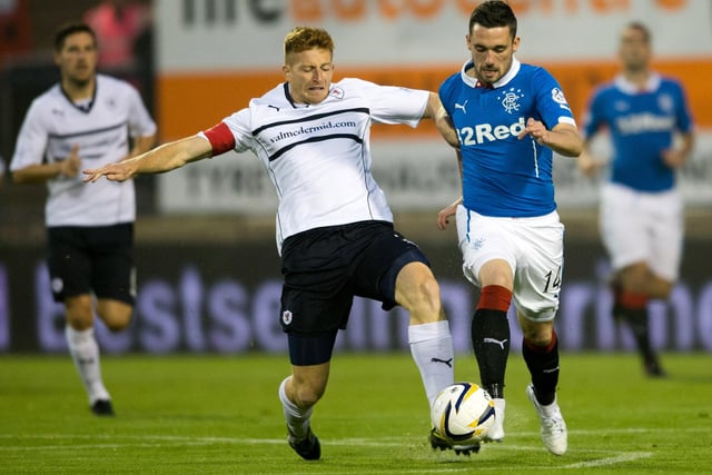 September 12, 2014, Scottish Championship: Raith Rovers 0, Rangers 4
Raith Rovers captain Jason Thomson going up against Rangers goal-scorer Nicky Clark. Ian Black, Nicky Law and Lee McCulloch were also on target for the visitors in Fife (Pic: SNS Group/Rob Casey)