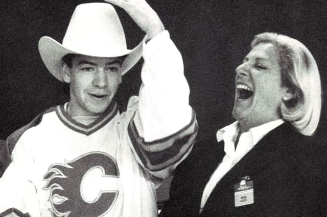 Iain Robertson receives a stetson after being named Ice Hockey News Review's Young Player of the Year for 1990 - the prize included a trip to be part of Calgary Flames training camp.