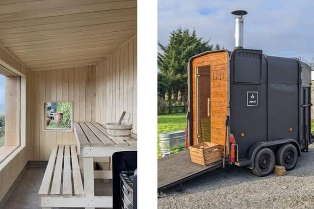 The interior and exterior of the mobile sauna