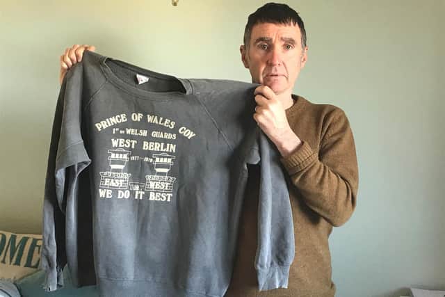 David with the sweatshirt he received from a Welsh Guard in exchange for some warm socks.