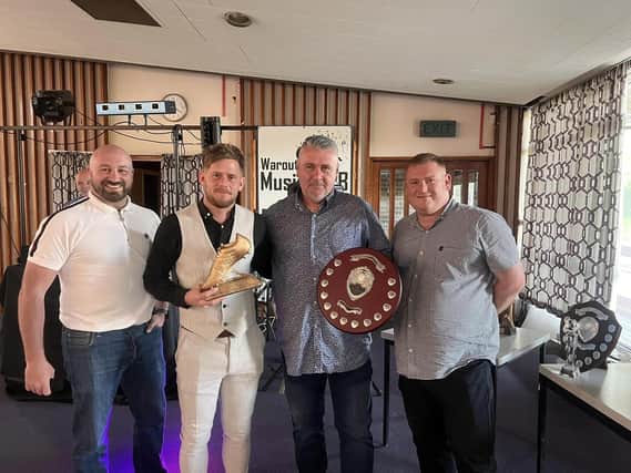 Stuart Cargill (2nd left) pictured with (from left) Glens co-boss Kev Smith, chairman Pete McQuade and secretary Robbie Penman (Pic courtesy of Glenrothes FC)