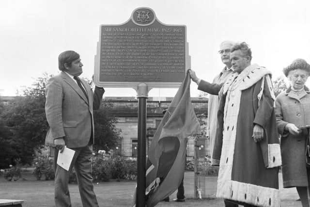 Unveiling the plaque in Kirkcaldy dedicated to the inventor of Standard Time and railway engineer Sir Sandford Fleming (1827-1915) in October 1973.