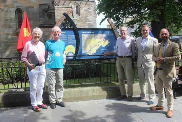 From left: Rev Marion Paton; Rev Prof Ian Bradley; Nick Cooke, secretary, Scottish Pilgrim Routes Forum; Jeremy Harris,FCCT chief executive; Douglas Spiers, Fife Council archaeologist. (Pic: Submitted)