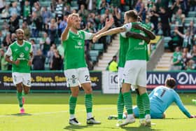 EDINBURGH, SCOTLAND - AUGUST 20: Hibernian's Dylan Vente celebrates with teammates after making it 2-1 during a Viaplay Cup Round of Sixteen match between Hibernian and Raith Rovers at Easter Road, on August 20, 2023, in Edinburgh, Scotland. (Photo by Ross Parker / SNS Group)