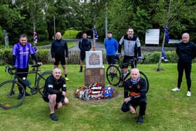 Eight Rangers fans set off from the Markinch Ibrox Disaster memorial on a fundraising cycle (Pic: Lisa Ferguson)