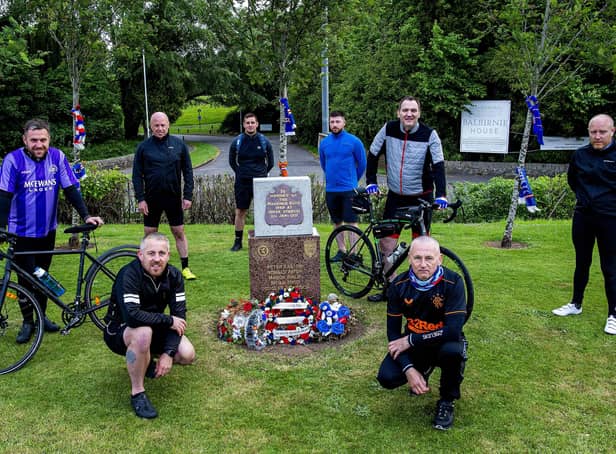 Eight Rangers fans set off from the Markinch Ibrox Disaster memorial on a fundraising cycle (Pic: Lisa Ferguson)