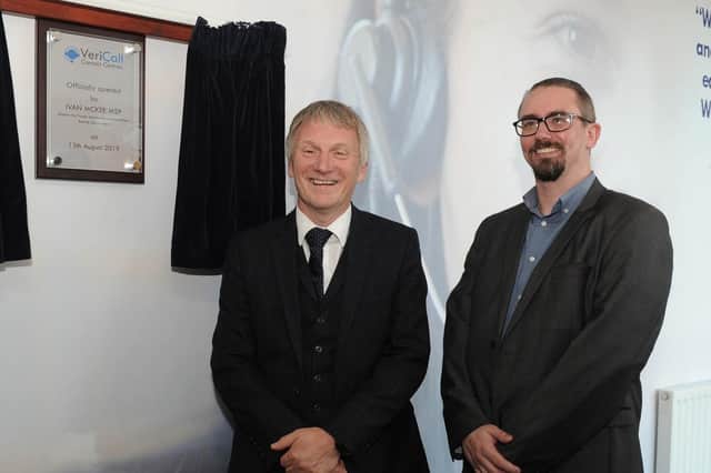 Adam Taylor, CEO of VeriCall (right) at the company's official opening in Kirkcaldy with Ivan McKee MSP, Minister for Trade, Investment and Innovation at the Scottish Government (Pic: George McLuskie)