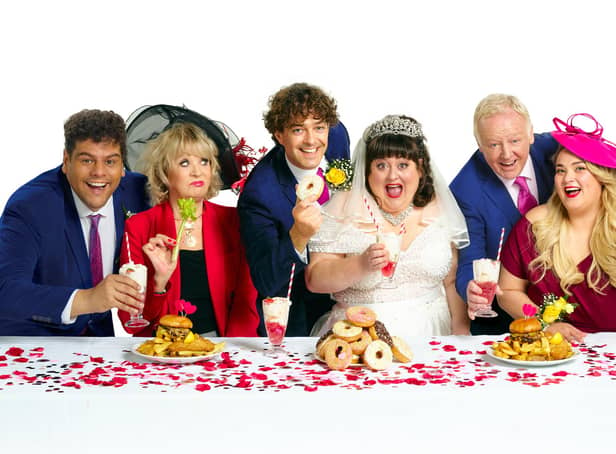 Marc Akinfolarin, Sherrie Hewson, Lee Mead, Jessica Ellis, Les Dennis and Alex-May Roberts in Fat Friends the Musical