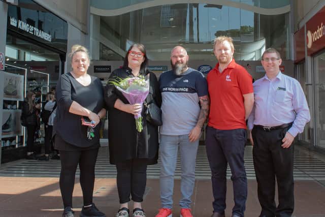 Picture, from left to right:  Lisa Ferguson (LJ Events by lj), the winning couple Michelle Gerrard and Stephen Meldrum, Alex Airnes (K107fm) , Alasdair Irving (Mercat Shopping Centre).