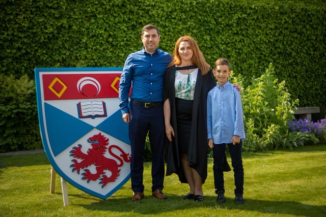 Romanian-born Maria Sandu, who moved to Scotland with her husband after falling in love with the country, celebrated her graduation success with her eight-year-old son Edan and husband Iordan.  Over the past four years, Maria has juggled studying part-time for an MA (Gen) in Combined studies with a full-time job as an Aviation Officer at Edinburgh airport and looking after three young children.