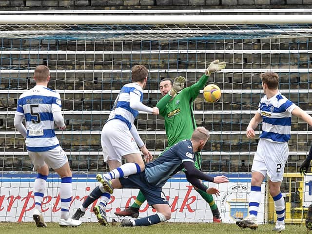 Iain Davidson opens the scoring against Morton at Cappielow (Pic: Dave Johnston)