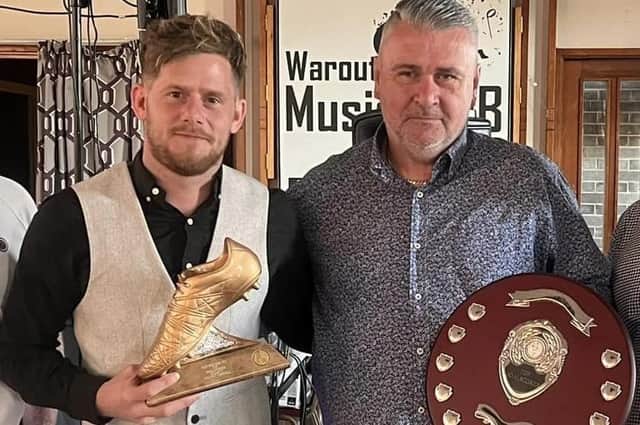 Stuart Cargill (left), pictured with Glenrothes FC chairman Pete McQuade, cleaned up at the club's awards night last summer, winning Player of the Year prizes in the First Team, Fans’, Players’ and Manager categories as well as the golden boot for being top goalscorer